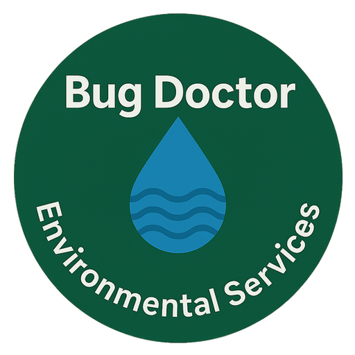 Bug Doctor Environmental Services Logo – Legionella Risk Assessment Doncaster Bug Doctor Environmental Services circular logo with water droplet, representing Legionella risk assessments in Doncaster