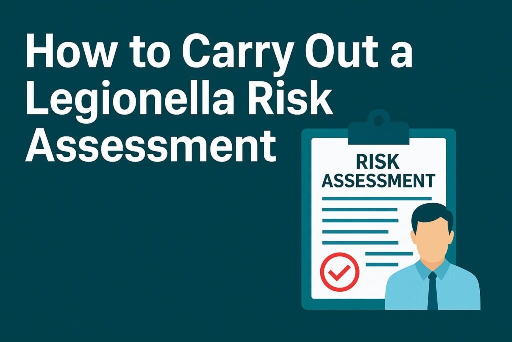 Conducting a Legionella Risk Assessment – Technician Inspection Water hygiene professional recording findings during Legionella risk assessment in an industrial or public building setting.