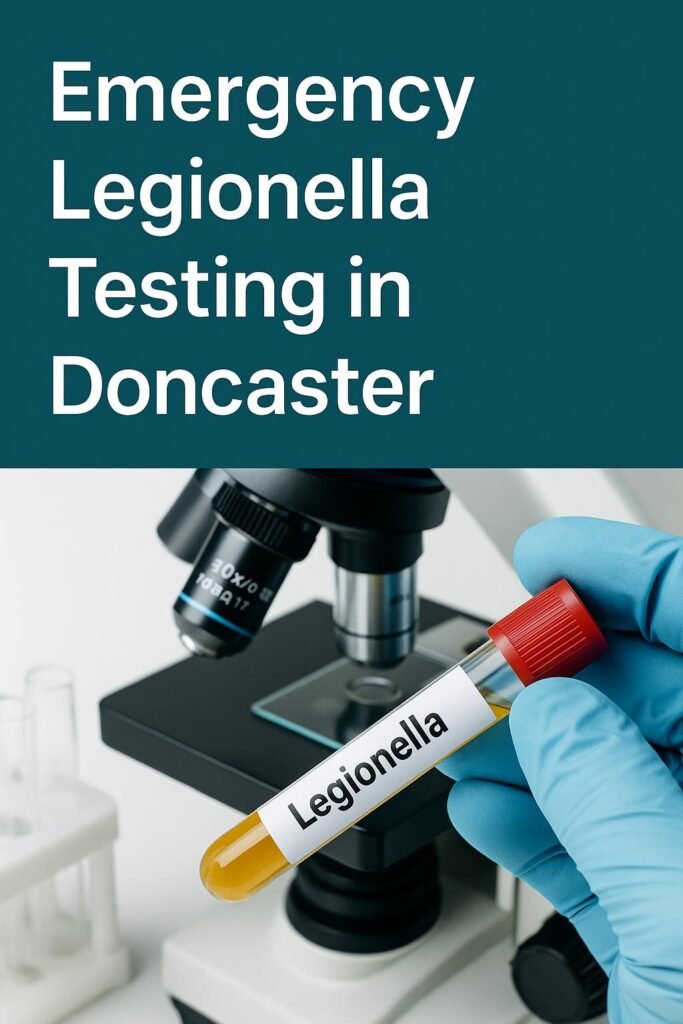 Lab scene with test tubes and water bottles marked as samples, representing urgent Legionella testing procedures.

