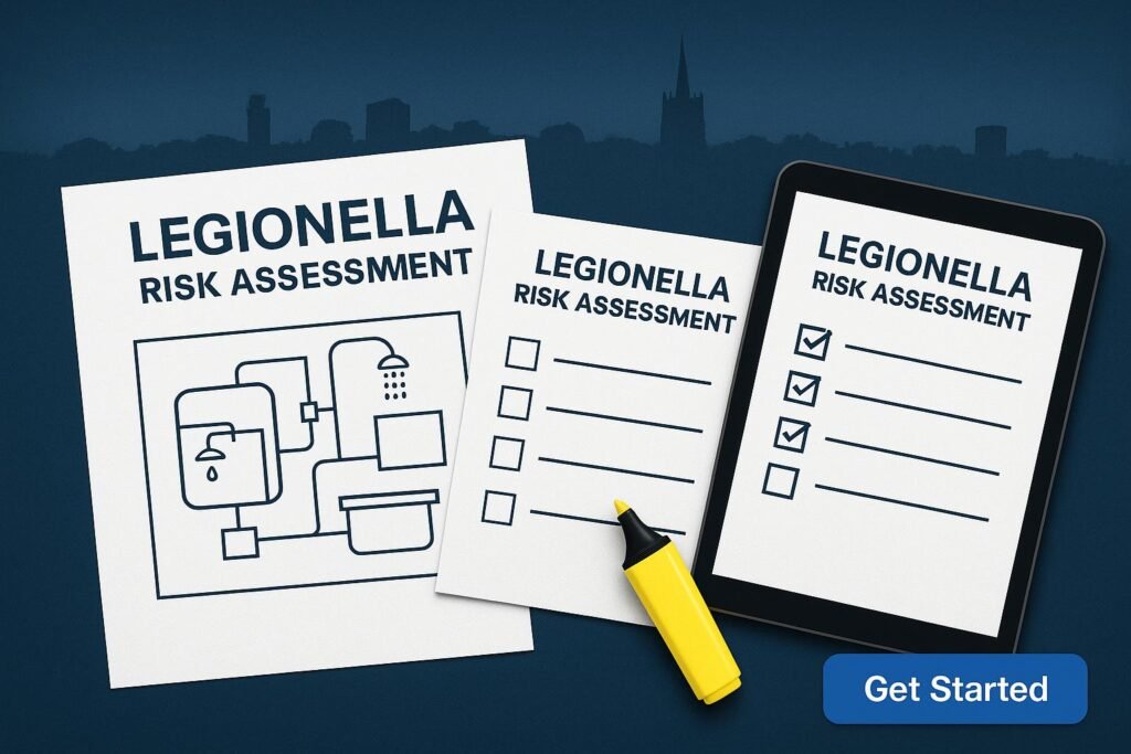 Legionella Responsible Person Inspection – Commercial Compliance Technician with clipboard inspecting a water tank in a commercial setting, with test bottles in foreground Legionella Responsible Person