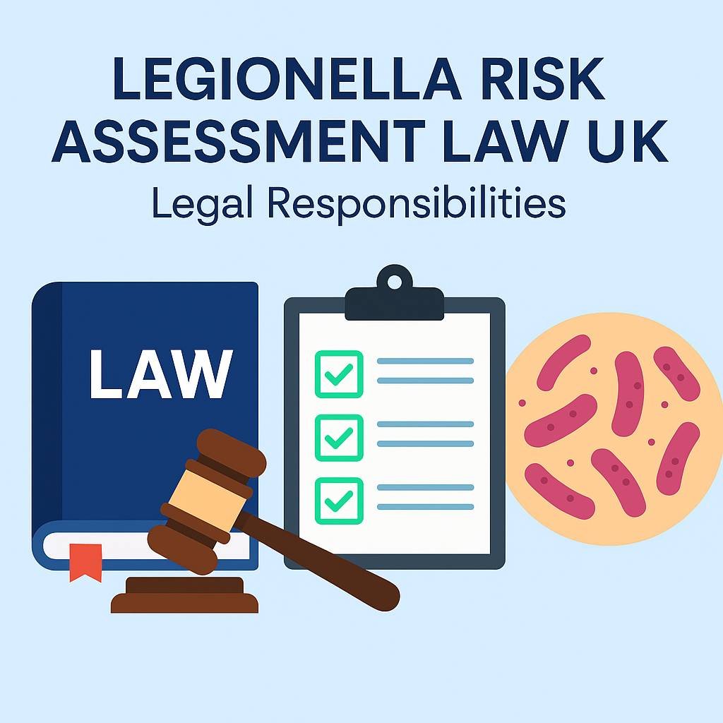 Legionella Risk Assessment Law UK – Legal Responsibilities Infographic showing a law book, gavel, checklist, and bacteria to represent legal duties related to Legionella risk assessments.